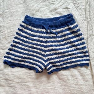 Blue and White Striped Knit Drawstring Women's Shorts
